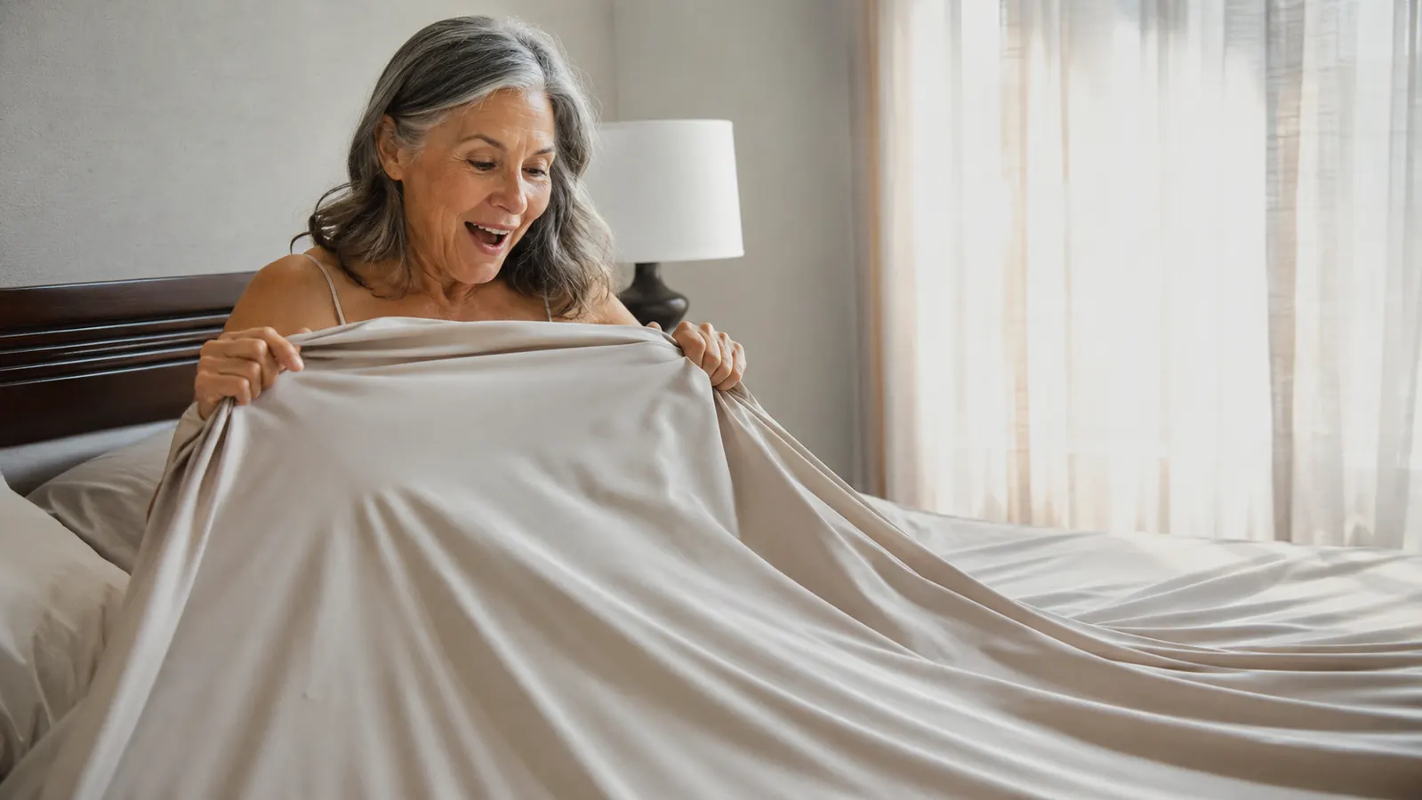 Grandmother sitting on a made bed smiling, well-rested in the morning light