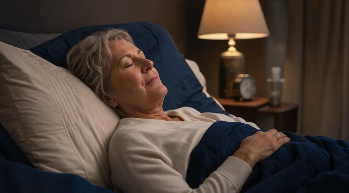 Woman reading in bed propped up on a wedge pillow, relaxed evening setting