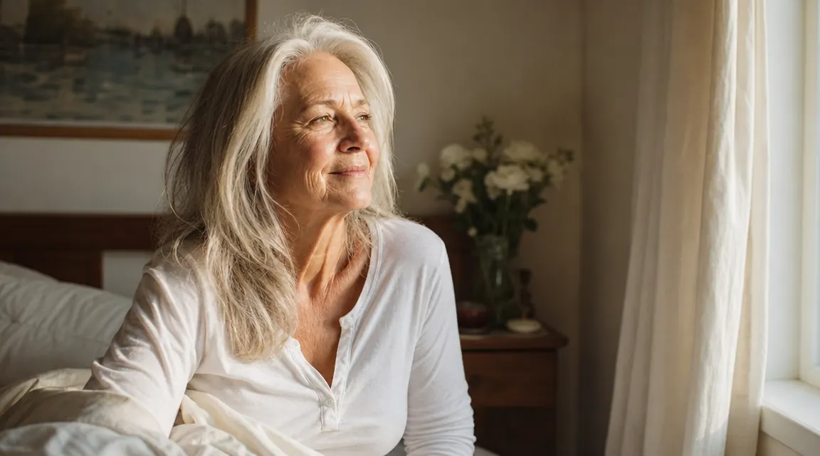 Older woman sleeping peacefully in a dark bedroom, covers pulled up, morning light just beginning to show through curtains