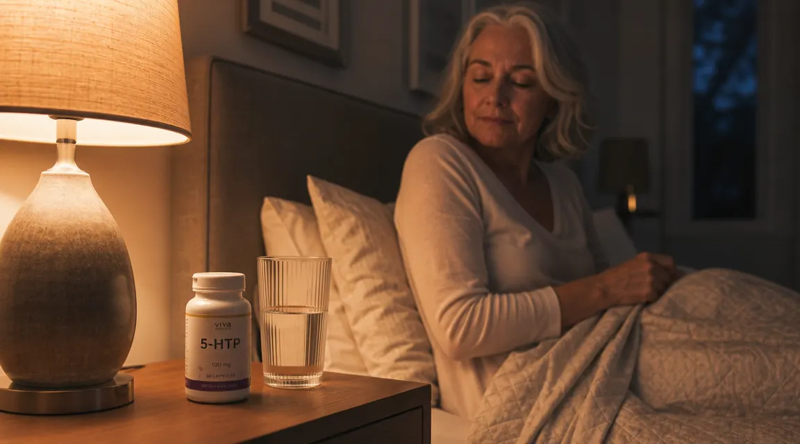 A calm bedroom nightstand with a glass of water and a bottle of magnesium glycinate capsules in soft evening light