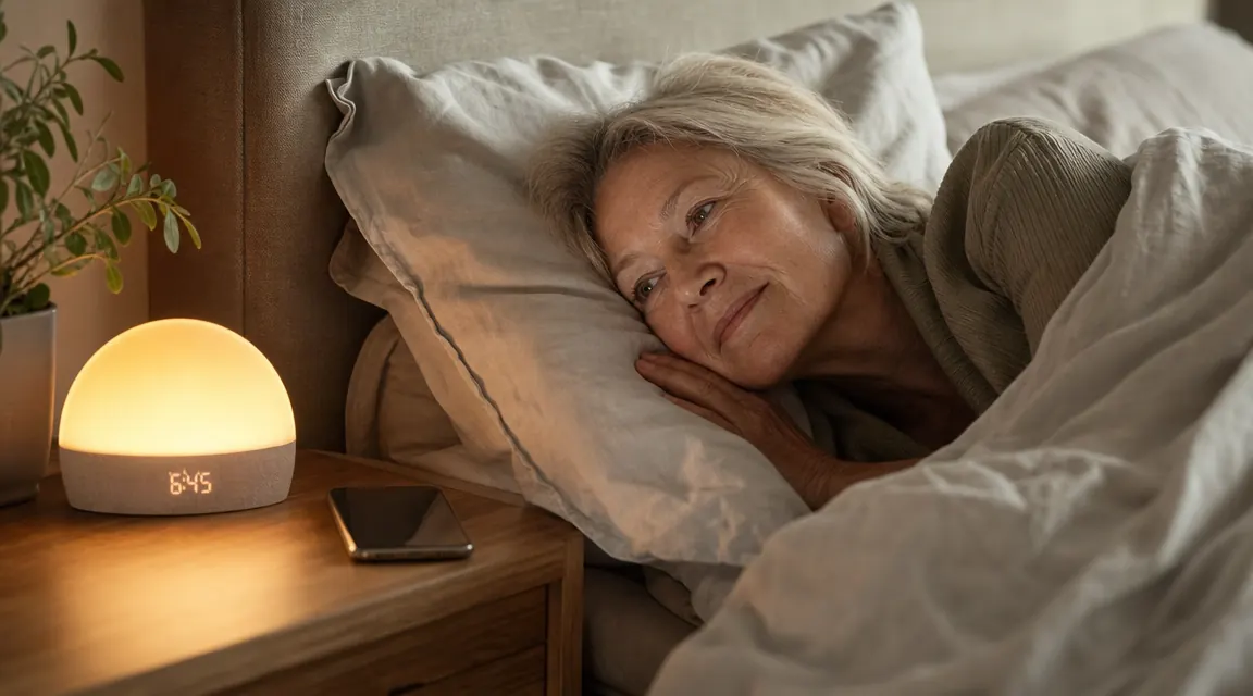 Soft golden sunrise light filling a calm bedroom as a woman stirs gently awake, no phone in sight