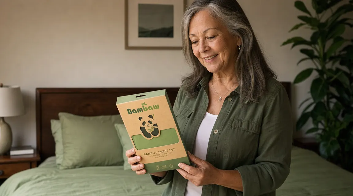 Hand holding Bambaw bamboo sheet packaging showing the label text 'viscose derived from bamboo'