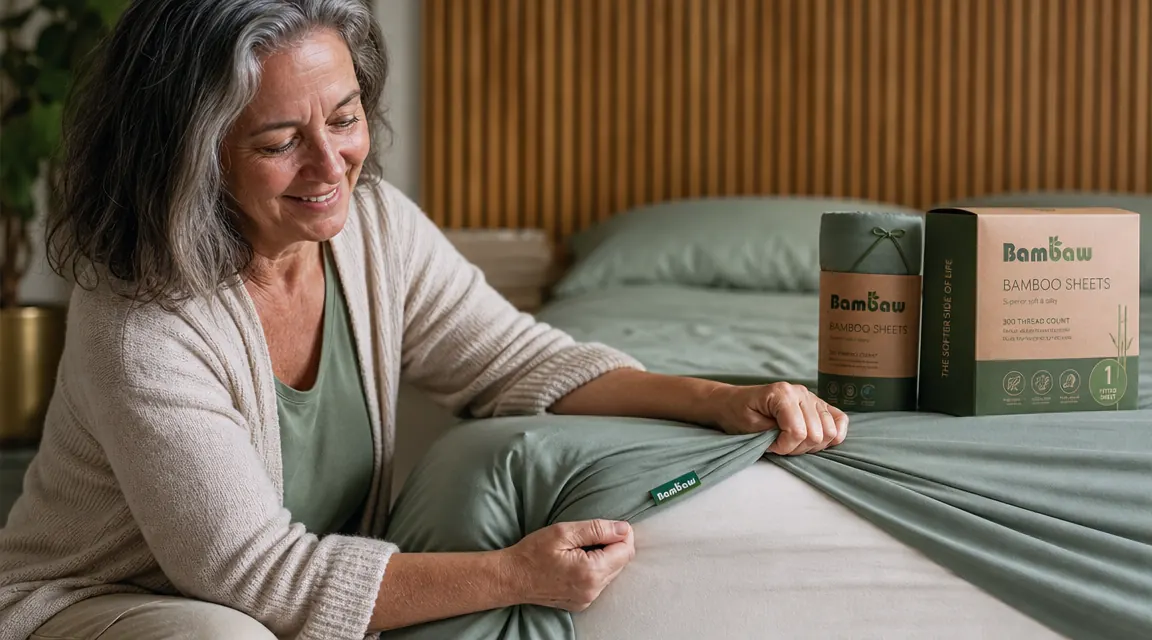 Grandmother in pajamas sitting on the edge of a bed made with bamboo sheets, looking relaxed and content at night