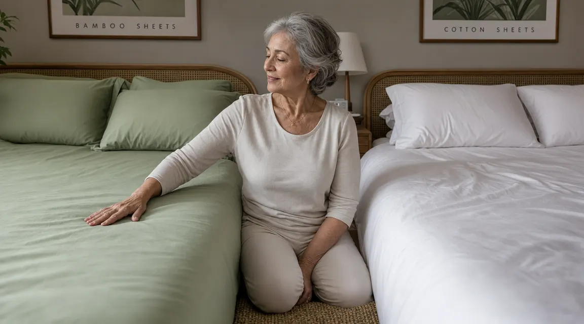 A neatly made bed with cool, light-colored bamboo sheets in a softly lit bedroom with an open window at dawn