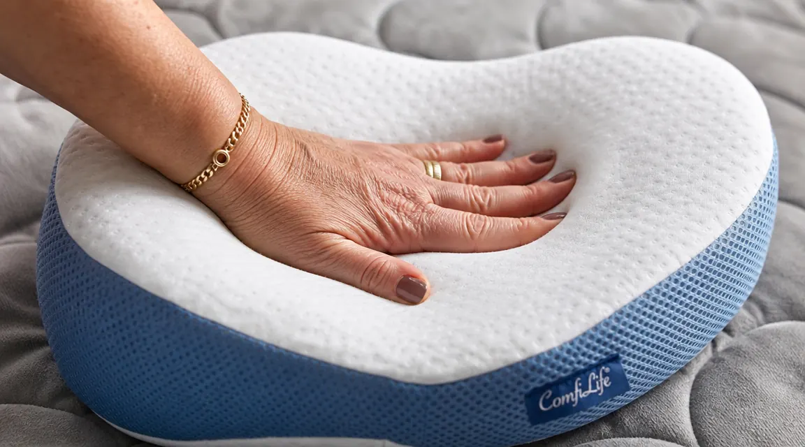 Hand examining the density of a knee pillow foam by pressing a thumb into the surface, showing the slow rebound of memory foam