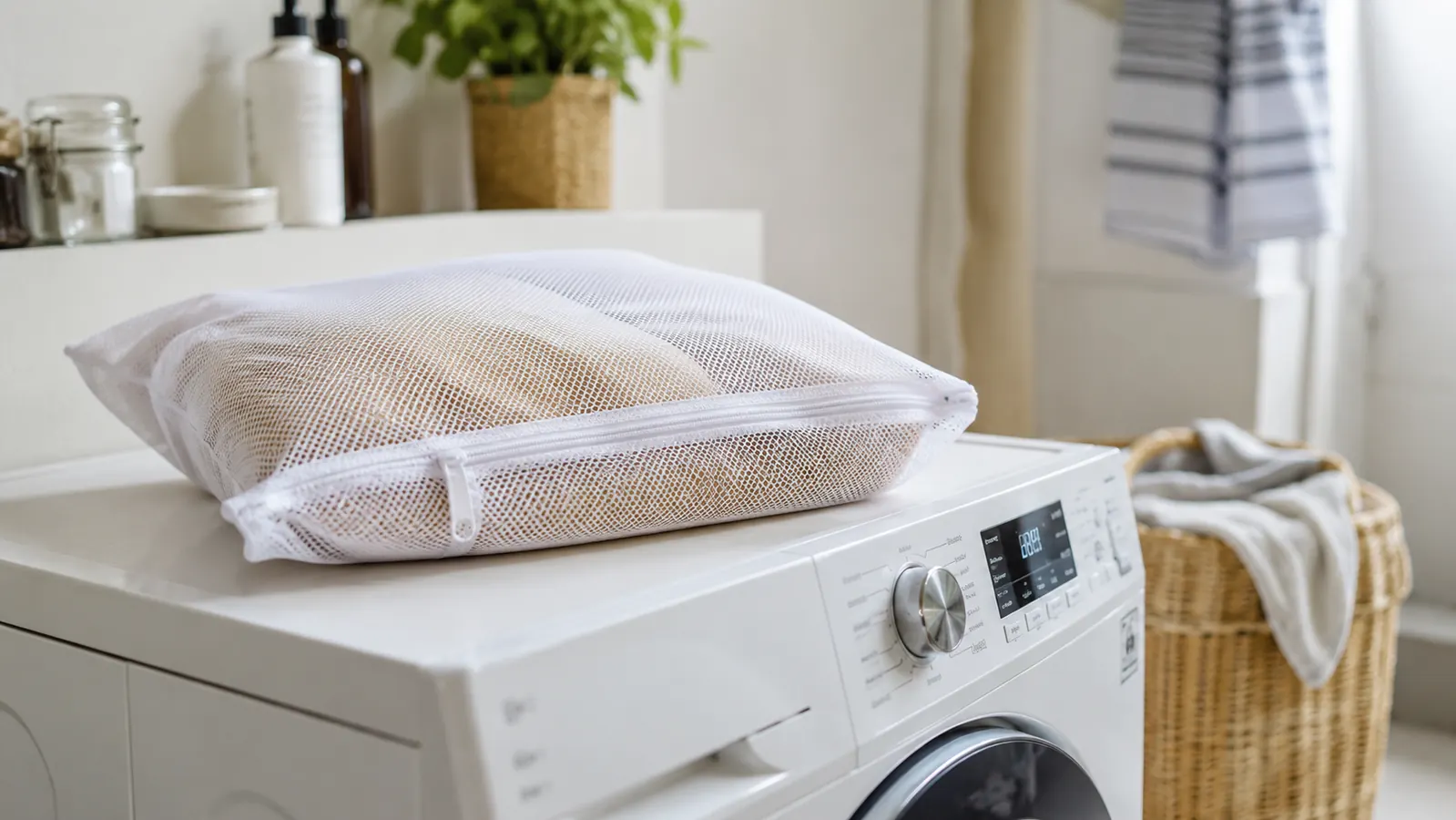 Knee pillow in a mesh laundry bag next to a washing machine, suggesting the cover washing routine