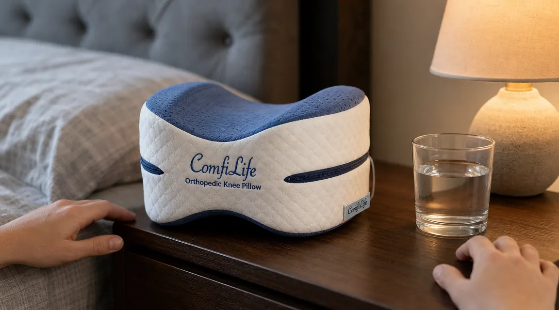 Close-up of a ComfiLife knee pillow sitting on a nightstand beside a glass of water, warm lamplight, suggesting a bedtime decision