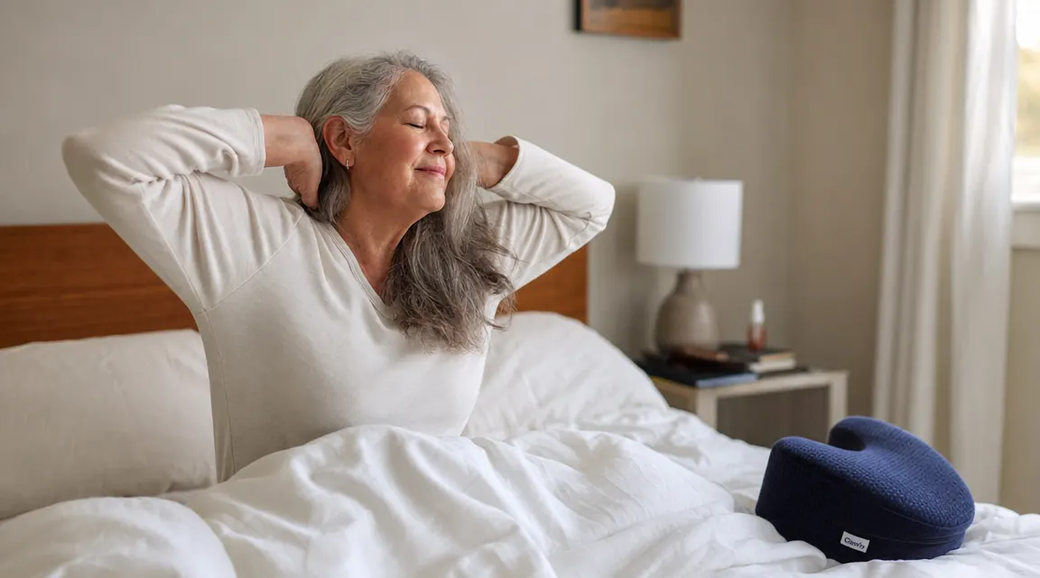 Older woman resting peacefully in bed on her side with a knee pillow between her legs, soft morning light coming through sheer curtains