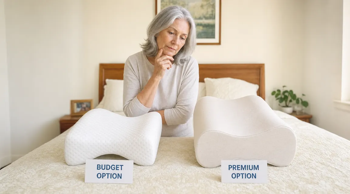 Two knee pillows side by side on a bed with soft nightstand lighting