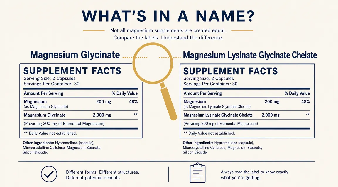 A supplement label showing the terms magnesium glycinate and magnesium lysinate chelate side by side with a magnifying glass over the ingredient list