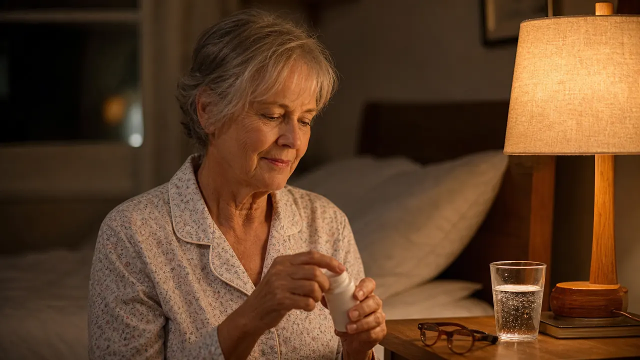Older woman sitting at a bedroom vanity at night, a glass of water and supplement bottle on the table beside her, soft warm lamp light