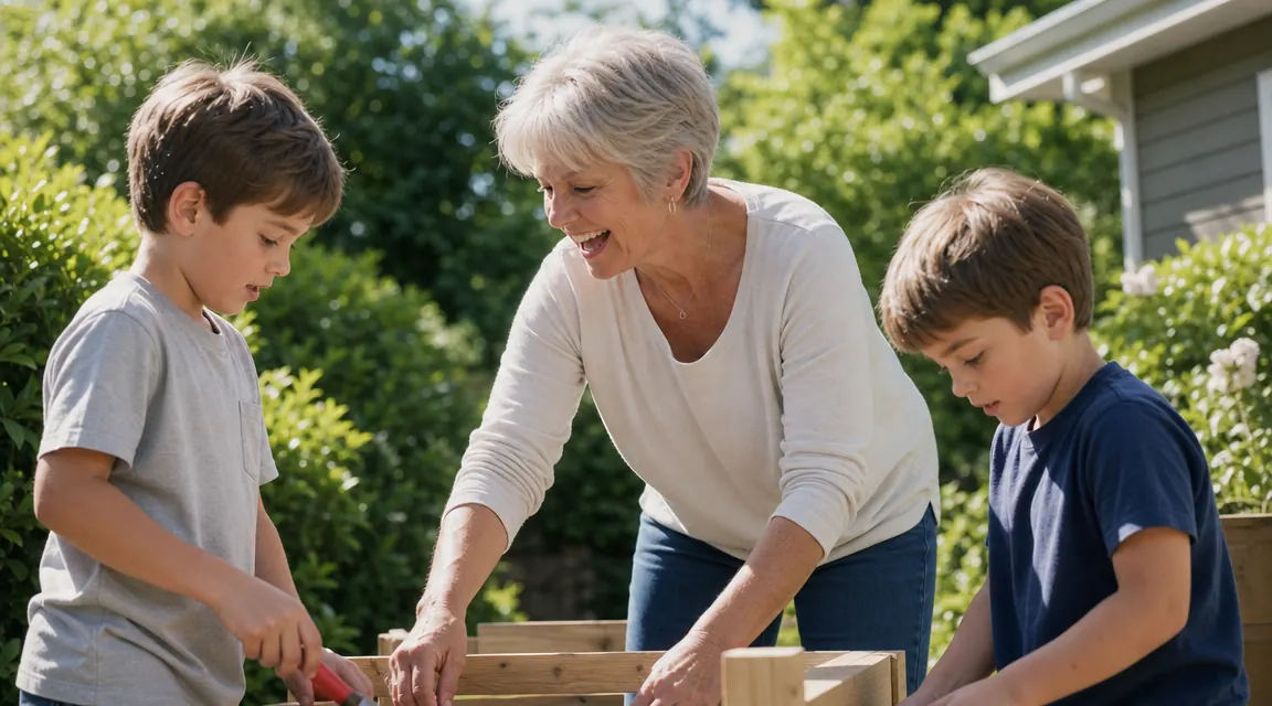 Grandmother and two young grandsons playing a board game at a kitchen table on a sunny morning