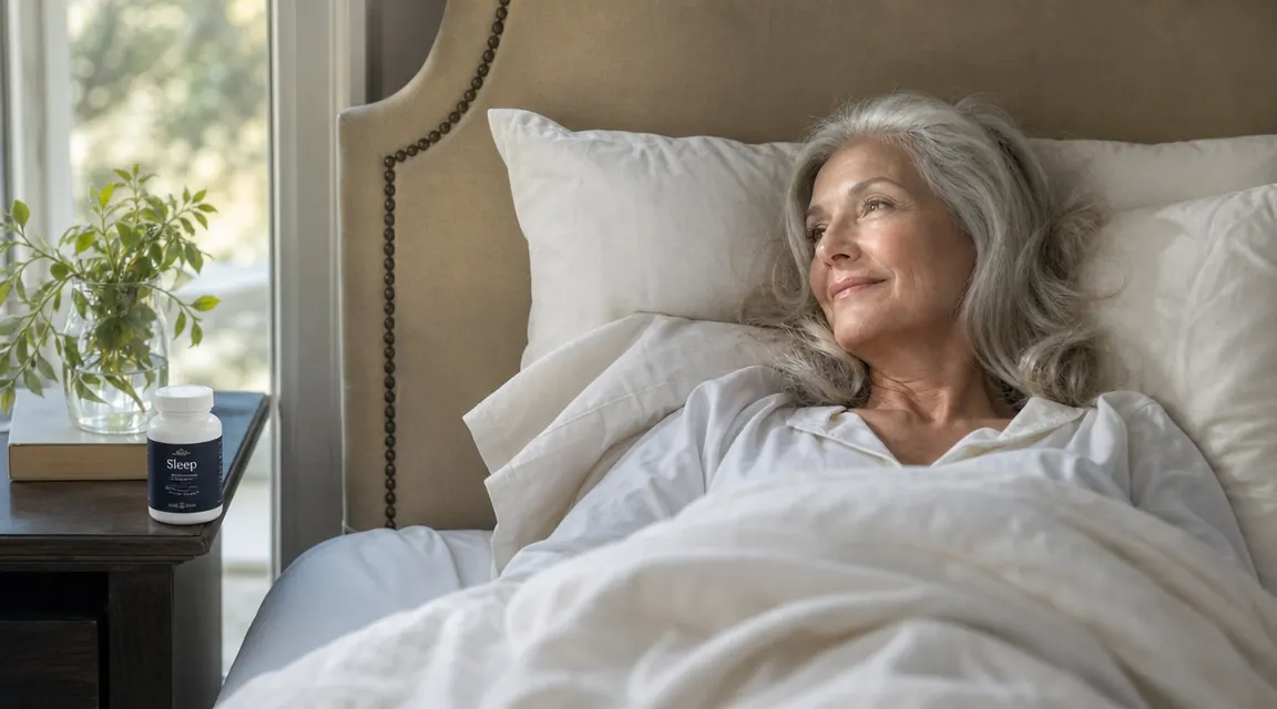 Warm bedroom at night with a glass of water and a magnesium supplement bottle on a bedside table, soft lamp glow