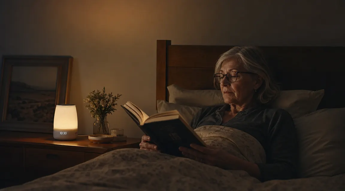Retired woman sitting up in bed looking rested, natural morning light coming through curtains behind her