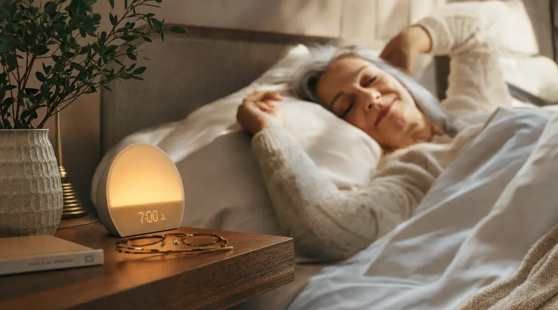 Hatch Restore 3 alarm clock on a nightstand beside a cup of chamomile tea and reading glasses, bedroom lightly lit