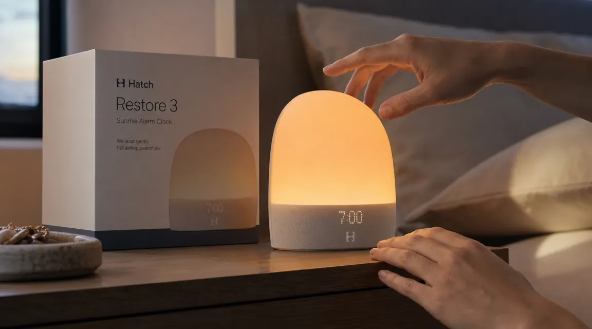 The Hatch Restore 3 alarm clock displayed next to a glass of water and a small book on a nightstand