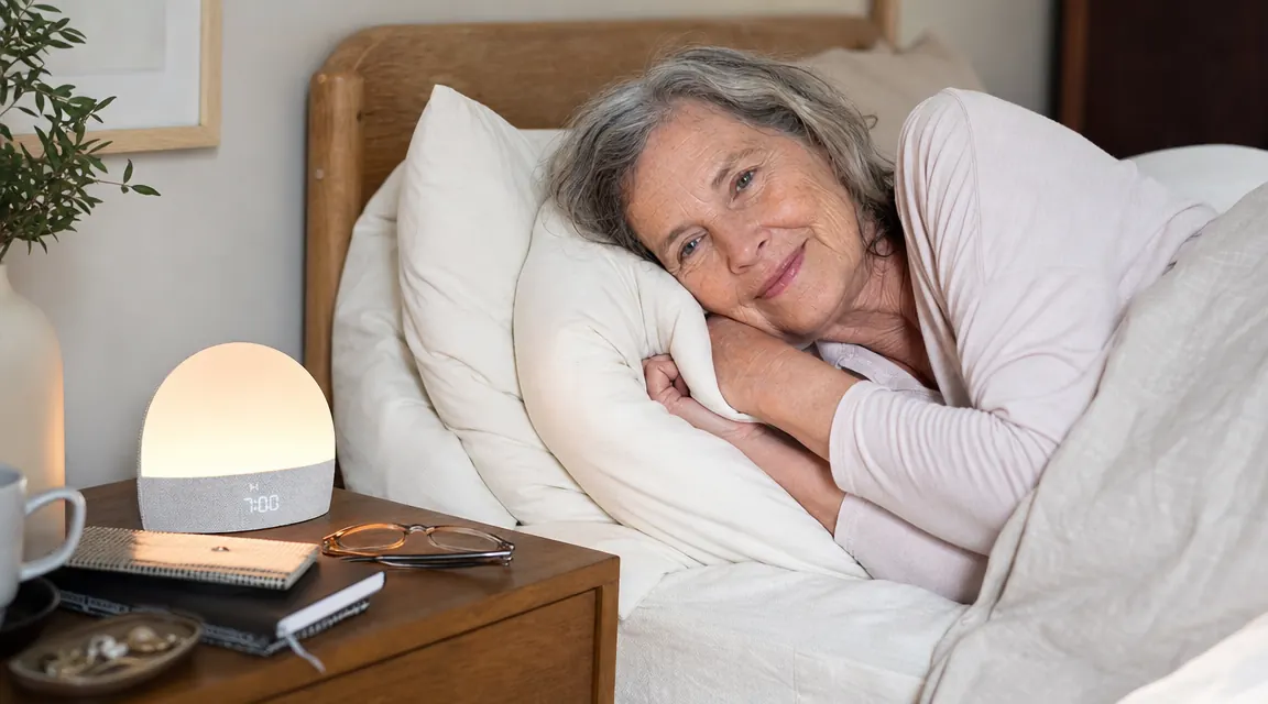 Hatch Restore 3 glowing warm amber on a bedside table in a softly lit bedroom at dawn