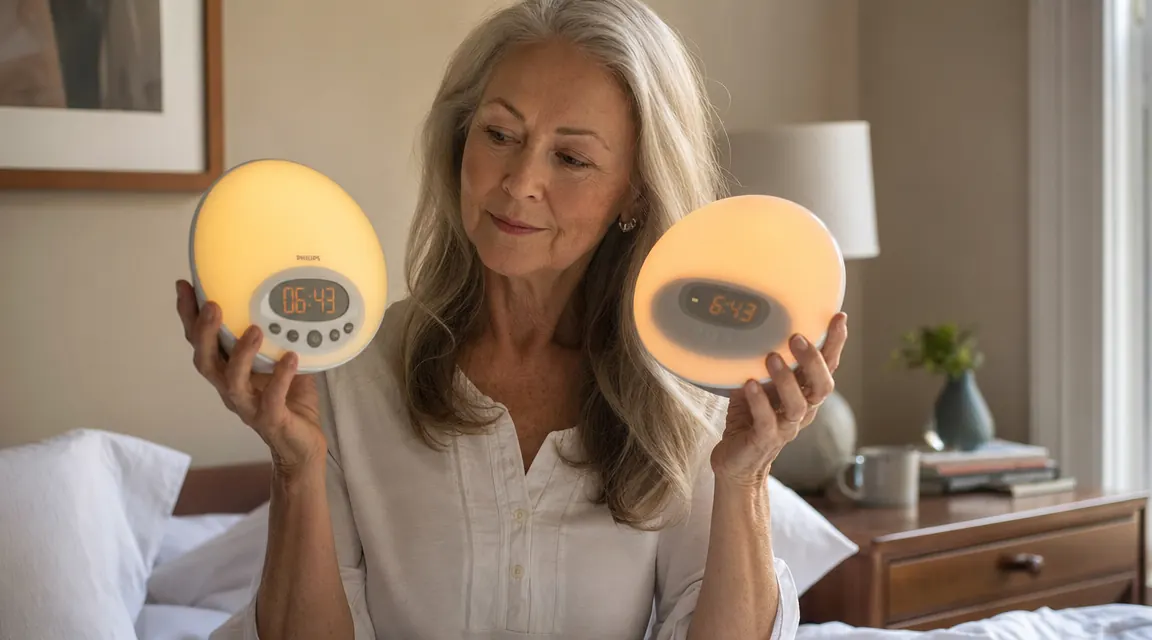 Hatch Restore 3 sunrise alarm clock glowing warm amber on a bedside table in a softly lit bedroom at dawn