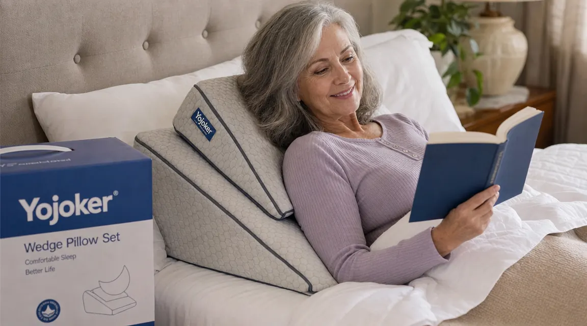 Hand placing a wedge pillow against a bedroom headboard to show the correct incline angle