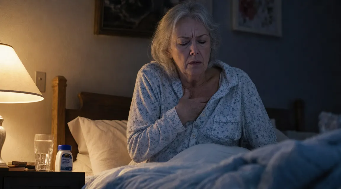 Older woman resting peacefully in bed propped up on a large wedge pillow, soft morning light through sheer curtains