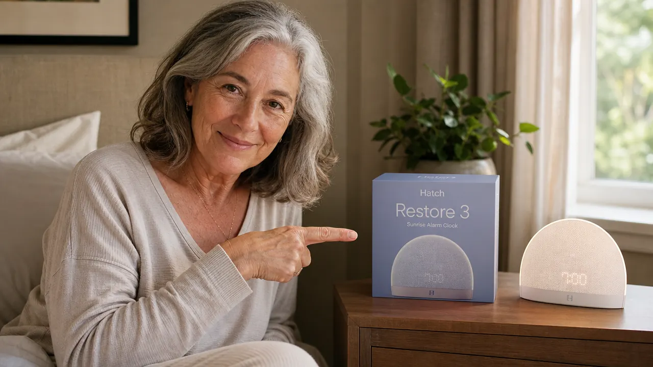 Hand reaching toward the Hatch Restore 3 on a nightstand, soft warm light glowing from the device