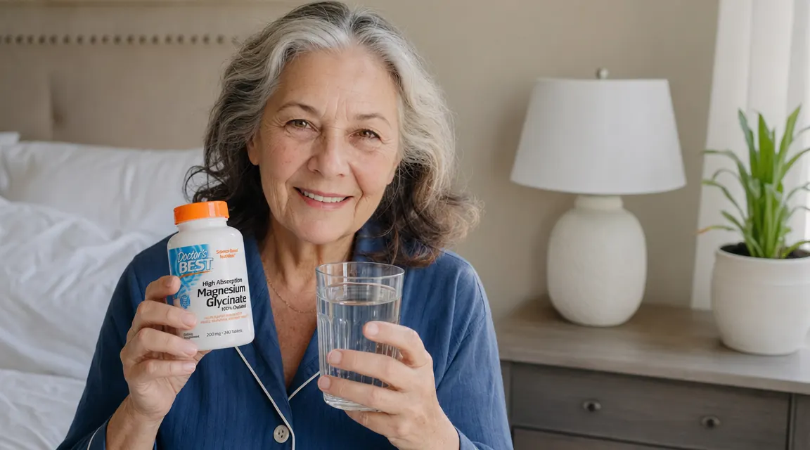 A hand placing two small white supplement capsules on a wooden nightstand beside a glass of water before bed