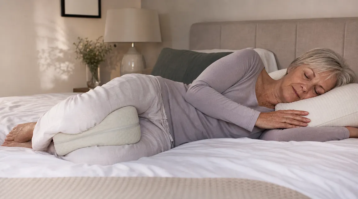 Woman sleeping comfortably on her side in a softly lit bedroom, pillow between her knees