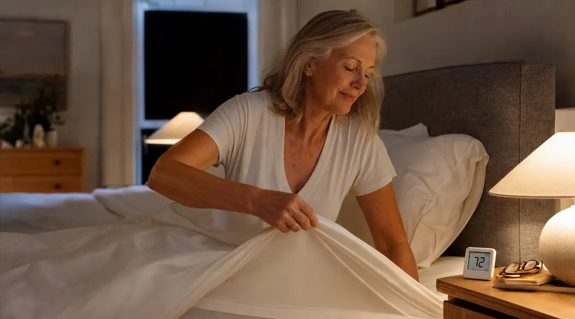 Bedroom with soft morning light, neatly made bed with light sage-toned bamboo sheets, a bedside glass of water, and a small fan on the nightstand