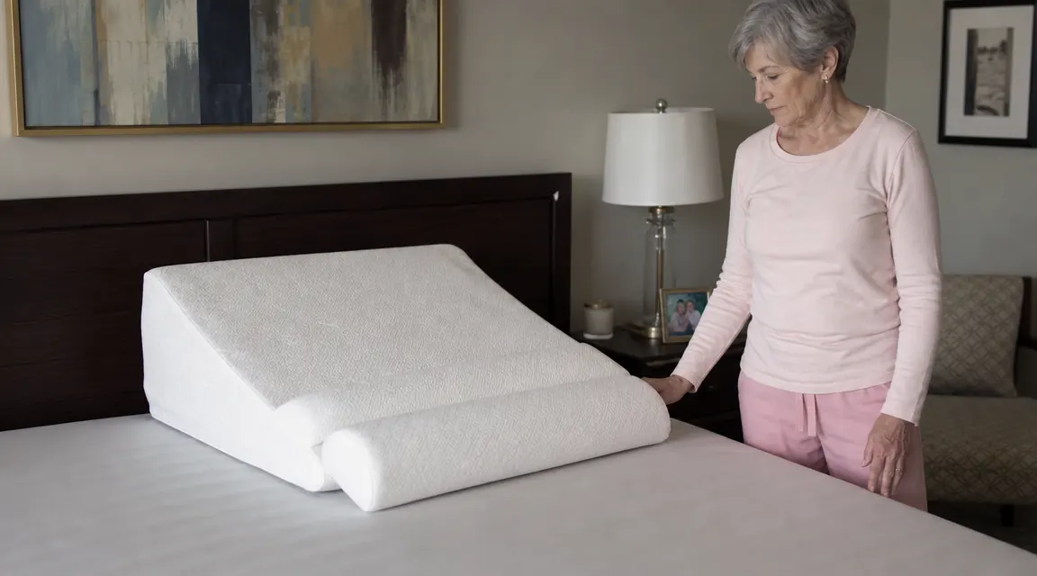 Older woman reading in bed propped up on a wedge pillow, soft bedside lamp lighting, peaceful expression