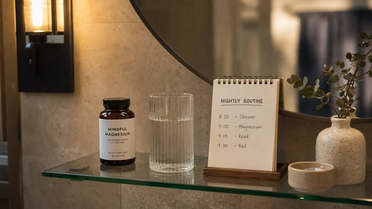 Older woman in a soft-lit bedroom setting a glass of water and a supplement bottle on her nightstand before bed