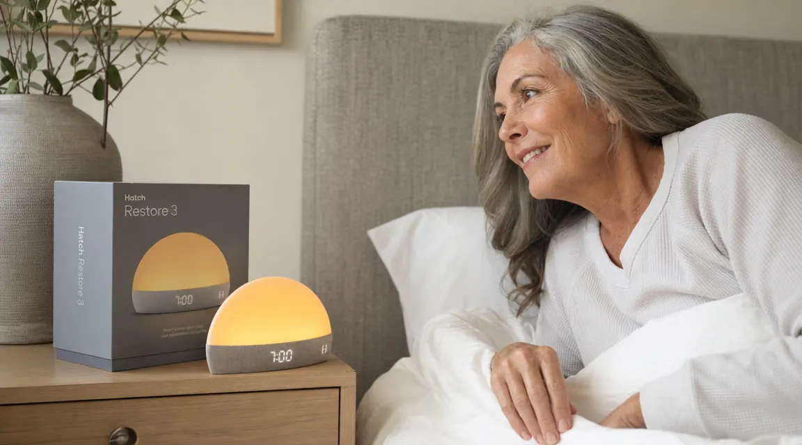 Hatch Restore 3 alarm clock on a nightstand glowing warm amber as it simulates sunrise