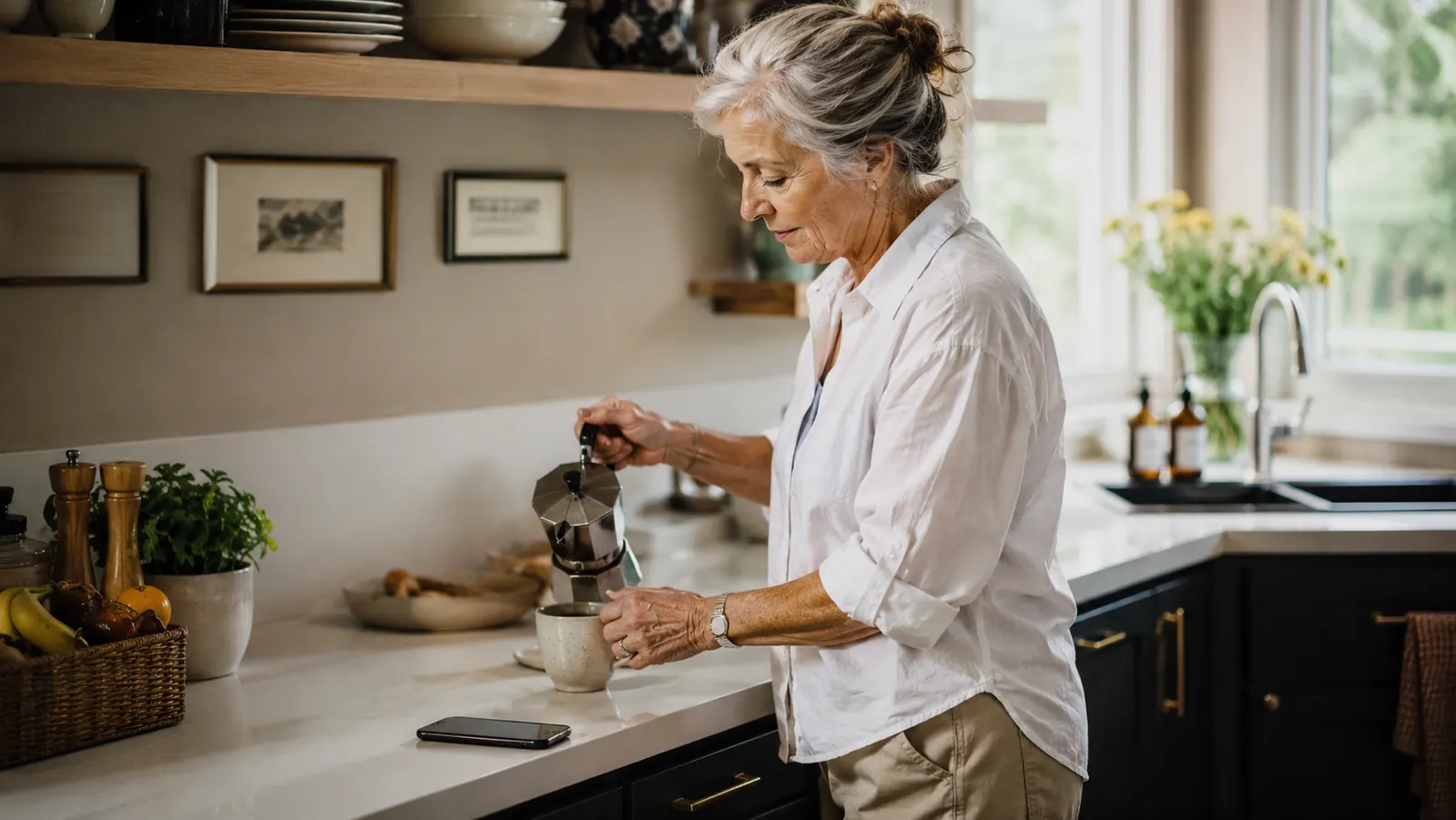 Woman enjoying her morning coffee at a kitchen table, rested and alert, sunlight coming through the window