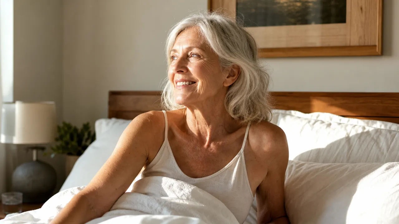 Soft golden light from a sunrise alarm clock gradually brightening a calm bedroom in the early morning