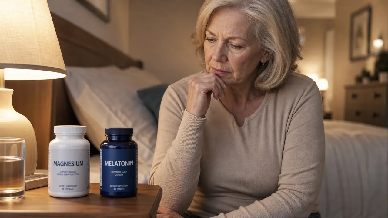 Two supplement bottles side by side on a wood nightstand, soft lamplight, warm evening bedroom setting