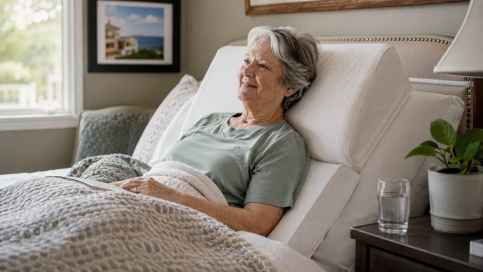 Older woman propped up comfortably on a bed wedge pillow set, reading a book in a softly lit bedroom