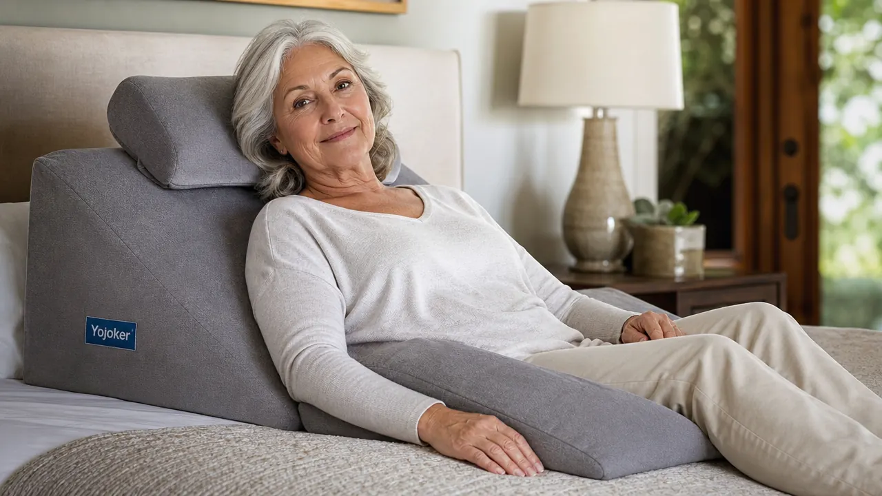 Close-up of a wedge pillow set laid out on a bed showing all four pieces: main wedge, reading wedge, flat pillow, and knee pillow