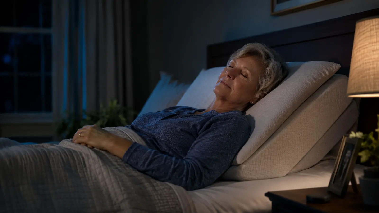 Older woman reading in bed propped up on a large wedge pillow, warm bedside lamp light, soft cream-colored bedroom